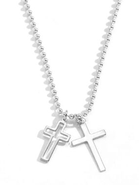 Sterling Silver Double Cross Necklace - Silver